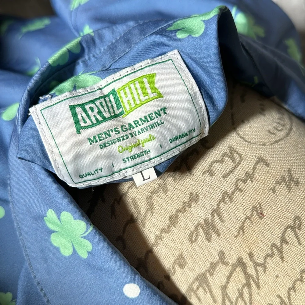 Men's Blue button up Shirt with Green Clovers & dots - Picture 3 of 8